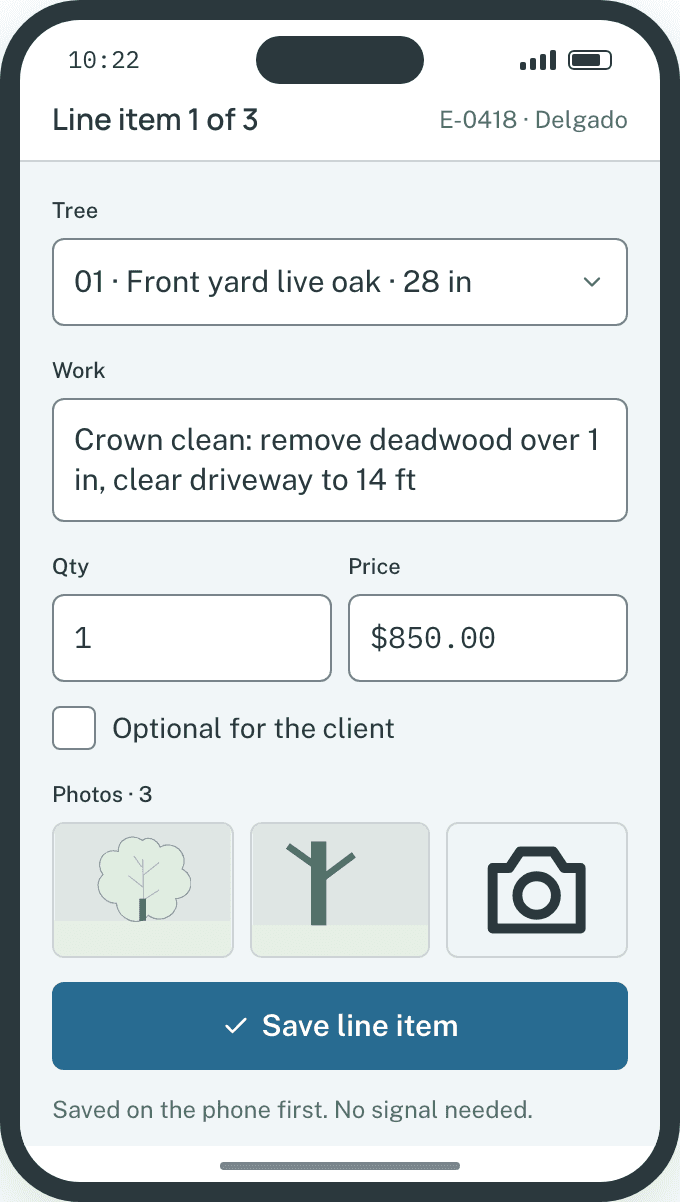 Phone screen capturing tree species, DBH, condition and photos in the field.