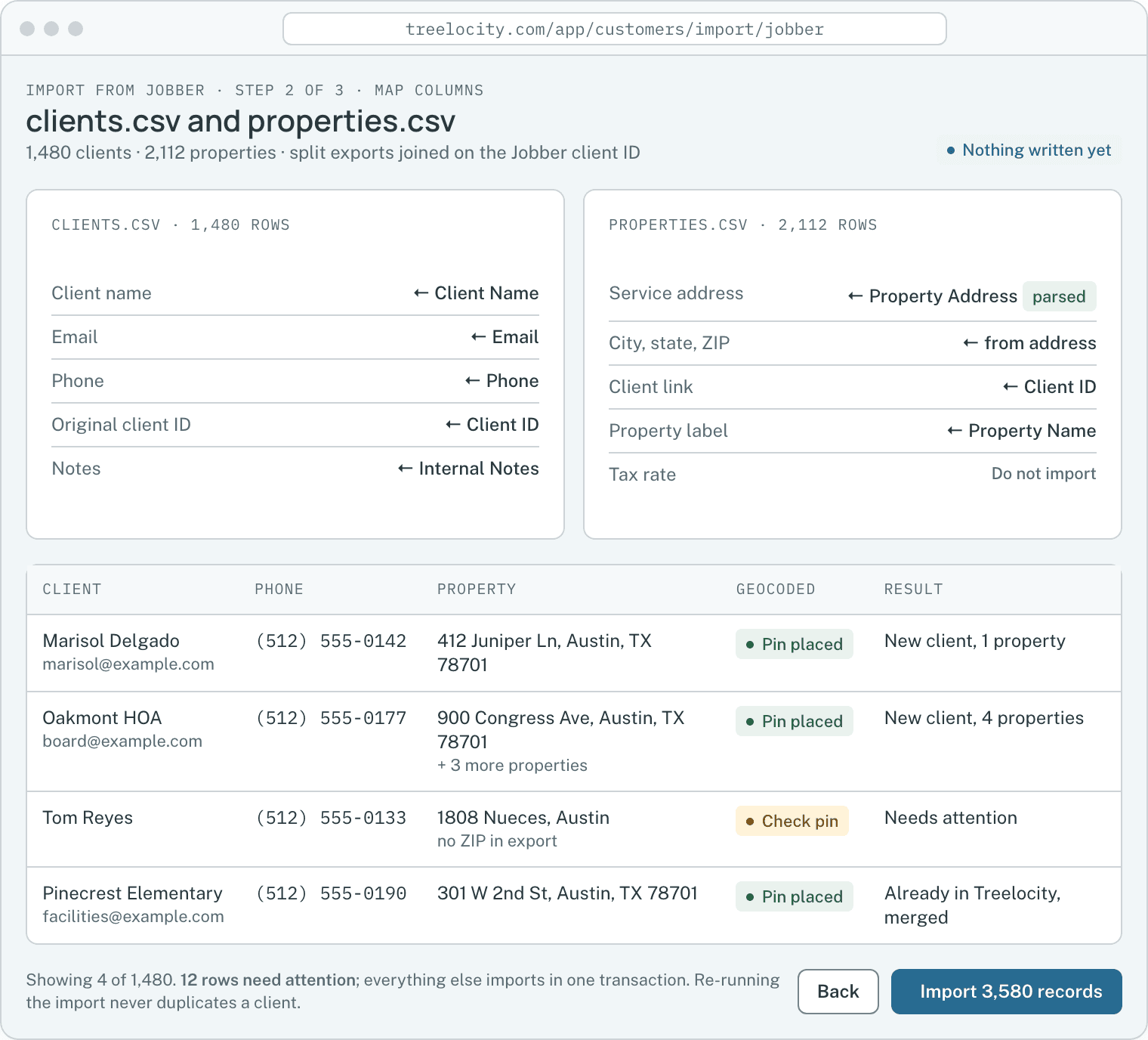 Treelocity importer showing column mapping, address parsing and deduplication preview.