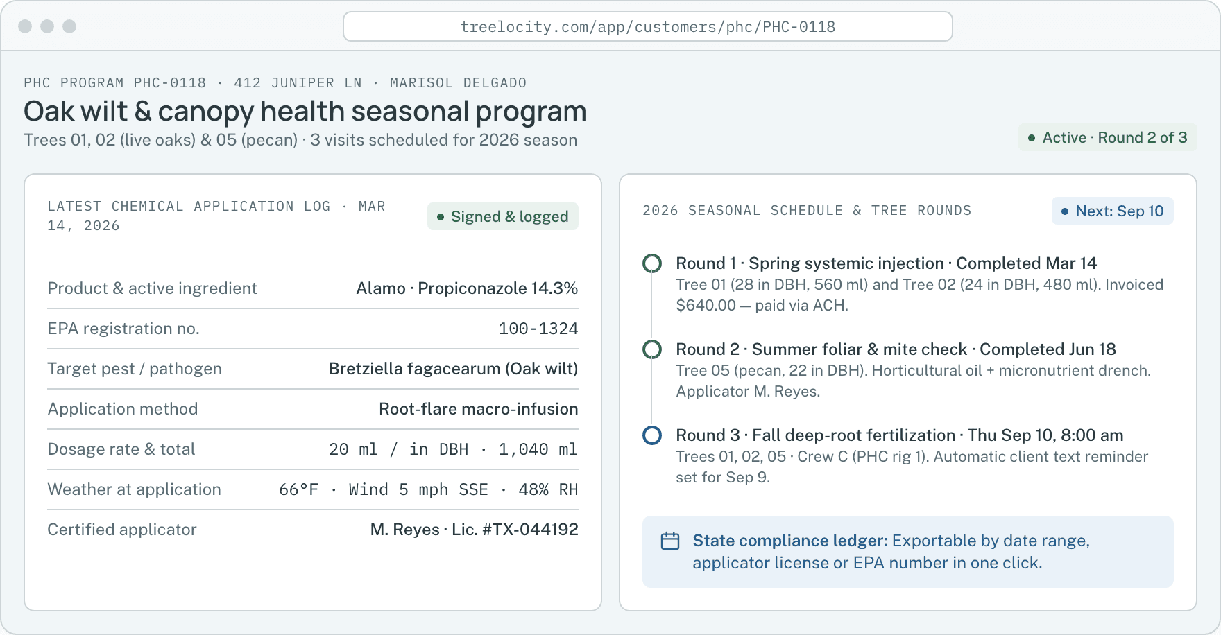 Plant health care seasonal program and chemical application log.