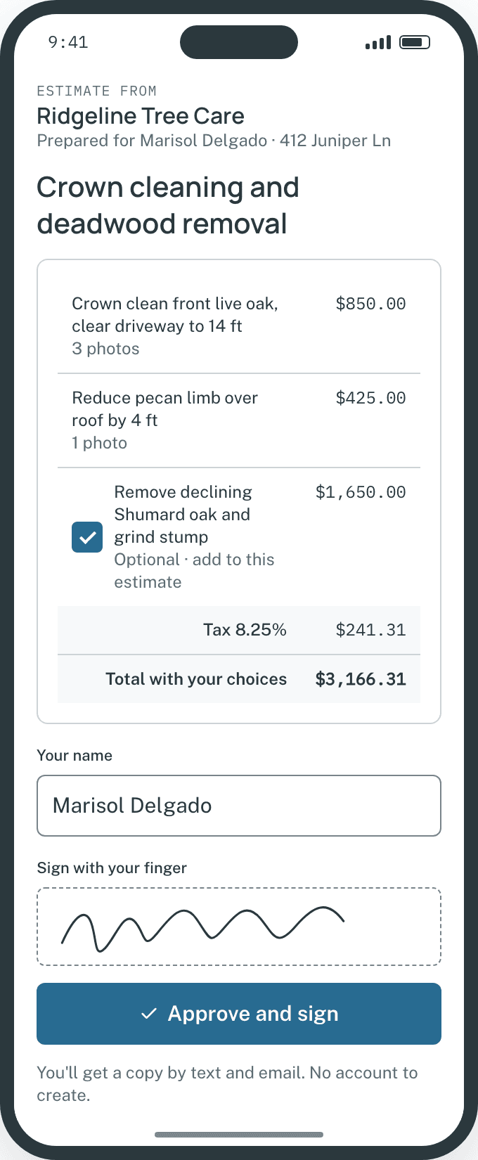 Customer portal on a phone showing property details.