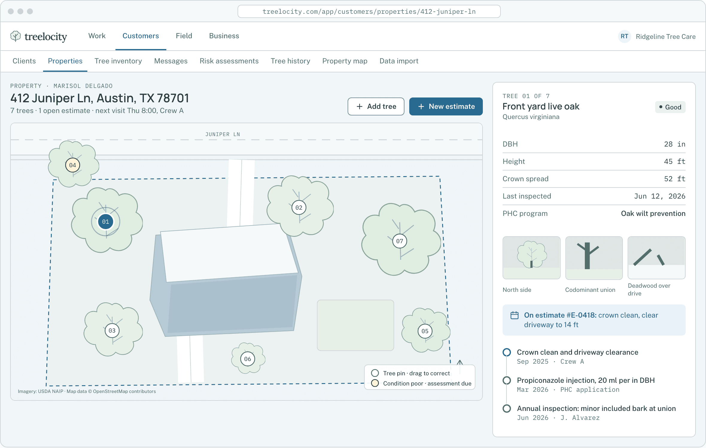 Property record showing mapped tree pins, active estimates, scheduled visits and client messages.