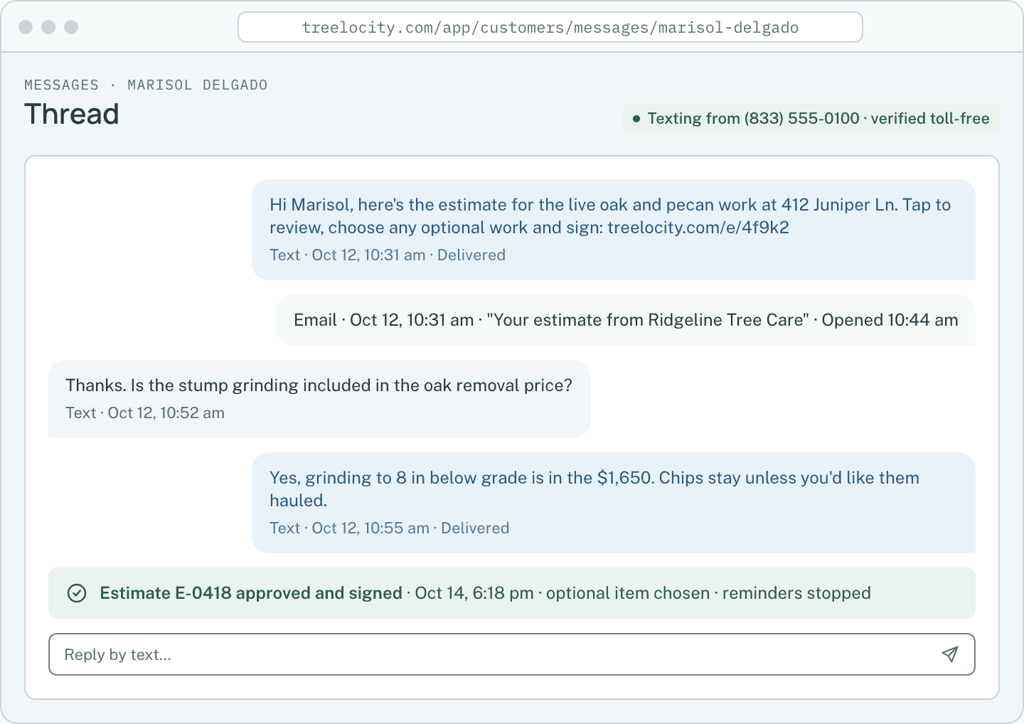 A client message thread showing the estimate sent, a question answered and the approval logged.
